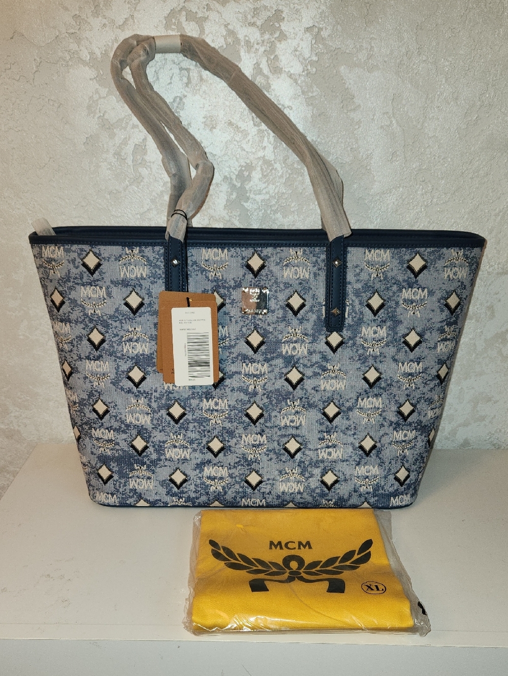 MCM Blue Monogram Visetos Tote with Navy Trim - Picture 3 of 5